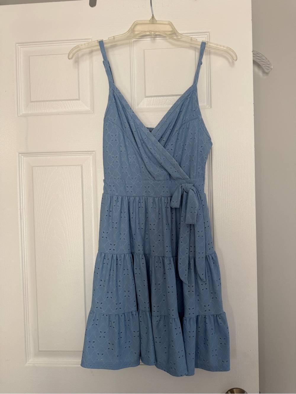 Light Blue Eyelet Wrap Mini Dress with Tie Waist